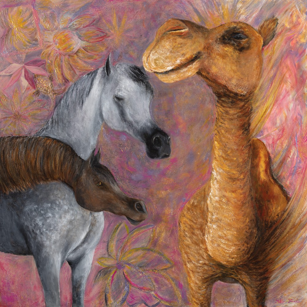 Fanni Mikó THE CAMEL WITH TWO HORSES - 2023, ACRYLIC, CANVAS - 100 X 100 Gemälde